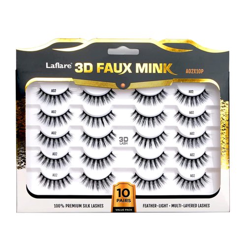 Laflare Premium Silk Lashes 3D Faux Mink Eyelashes Multipack, Light, Natural Looking, Professional Easy to Apply Eyelashes in a Knitted Style 10 Pairs Jumbo Pack (A02X10P)