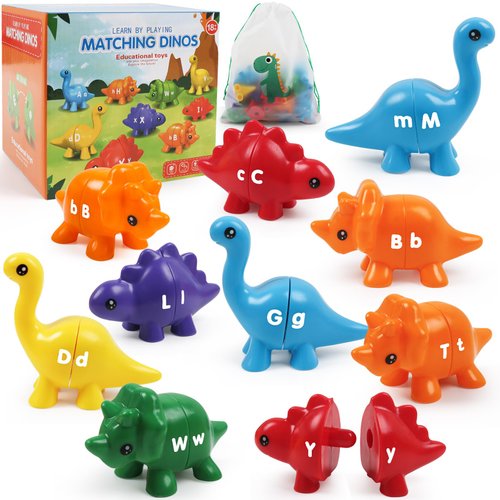GKDOMS Alphabet Dinosaurs Matching Letters Toy, 26 PCS Double-Sided ABC Dinosaur with Uppercase Lowercase, Match and Snap Fine Motor Game Preschool Learning Toys Gifts for Ages 18+ Months