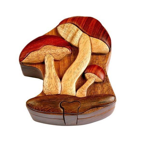 Mushroom - All Natural Wood Intarsia Puzzle Box - Handcrafted with Secret Compartment