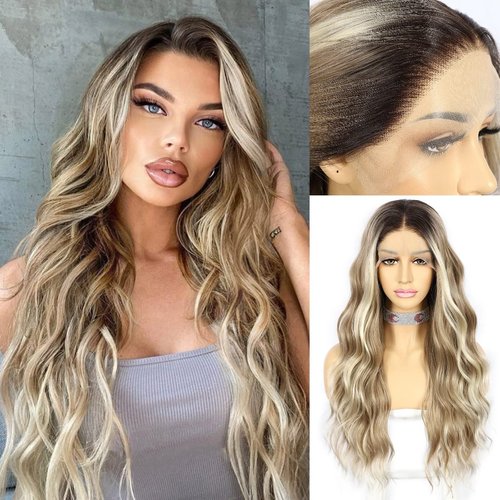 SAPPHIREWIGS Light Blonde Balayage Synthetic Lace Front Wigs for Women 13x3 Pre Plucked Glueless Ombre Long Wavy Brown Wig Highlight Balayage Color Japanese Fiber Heat Resistant 24 Inches
