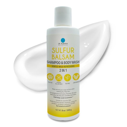 Dr. Robaina Sulfur Balsam Shampoo & Body Wash – Gentle 2-in-1 Cleanser for Seborrheic Dermatitis and Psoriasis Relief – Moisturizes Dry, Itchy Scalp and Skin – Made in the USA (Pack of 1)