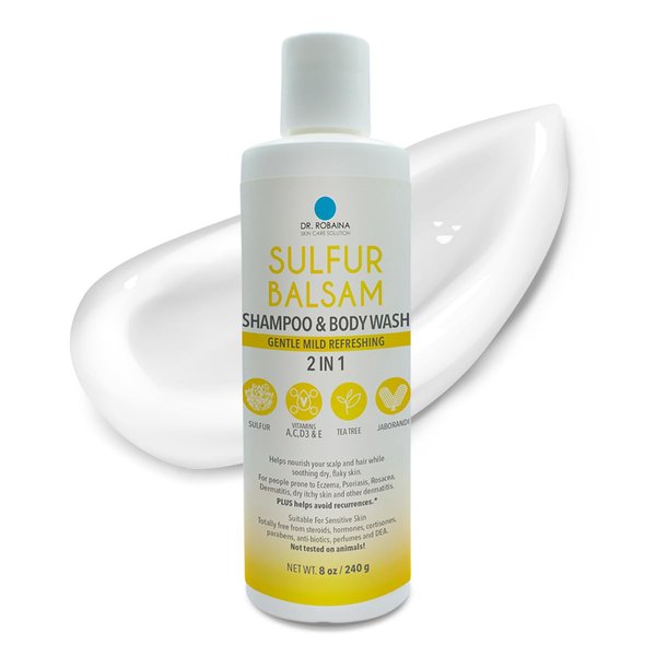 Dr. Robaina Sulfur Balsam Shampoo & Body Wash – Gentle 2-in-1 Cleanser for Seborrheic Dermatitis and Psoriasis Relief – Moisturizes Dry, Itchy Scalp and Skin – Made in the USA (Pack of 1)