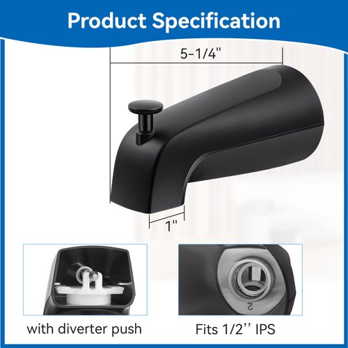 Dreyoo Universal Bathroom Tub Spout Compatible with Westbrass E531D-1F-62, Fits 4 Inch Reach Wall Front Mount Tub Spout with Shower Diverter 1/2'' IPS Inside Thread Bathtub Faucet (Matte Black)