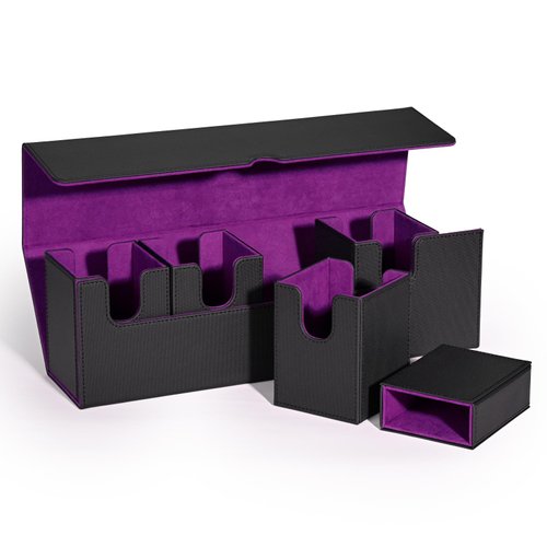 UAONO Card Deck Box with Dice Tray for MTG, 5 in 1 Card Storage Case Holds 900+ Unsleeved Cards, Strong Magnet Card Organizer for Magic Commander TCG CCG Sports Cards (Black&Purple)