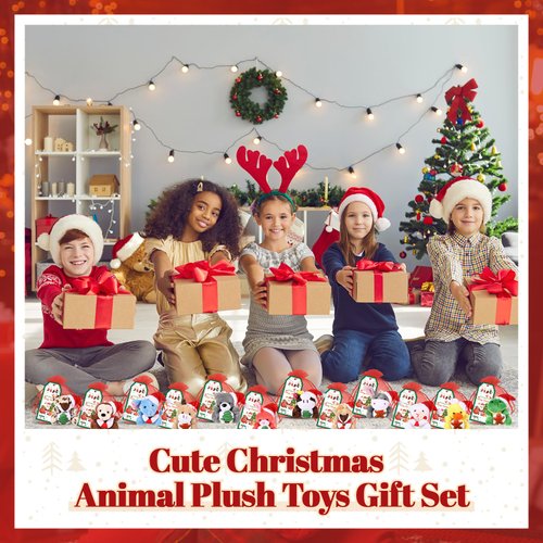 Wiwiqing 12 Set Christmas Classroom Gifts Set Christmas Mini Stuffed Animals Toys with Xmas Cards and Organza Bags for Students Christmas Party Favors Goodie Bag Filler Classroom Exchange Gift