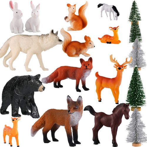 Skylety 18 Piece Wild Forest Animals Figures Toys Set Assorted Creatures Forest Diorama Realistic Plastic Woodland Animals Figurines Model Trees for Birthday Party Favors for Boys and Girls