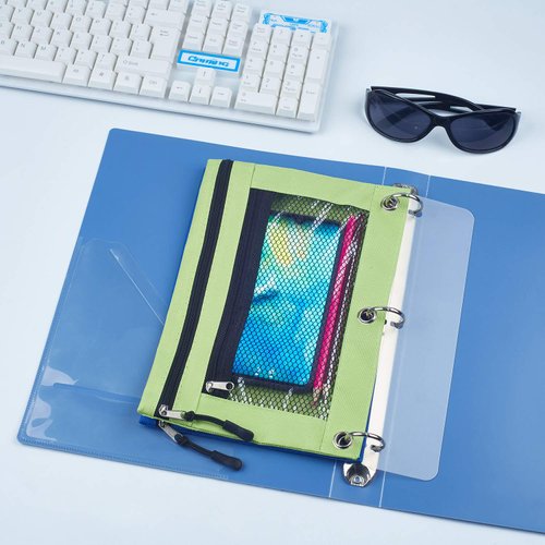 3 Ring Binder Pencil Pouchs, Zippered Pencil P9ouch Double Pocket Pencil Pouch 3 Ring with Clear Window (Blue&Green 2pack)