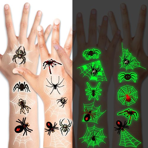 HOWAF 70+pcs Halloween Glow Spiders face Temporary Tattoos, Glow in the Dark Face Mask Spider Cobweb Tattoos for Happy Halloween Makeup Cosplay Party Favors, Trick or Treat Tattoos Sticker