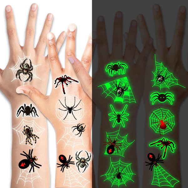 HOWAF 70+pcs Halloween Glow Spiders face Temporary Tattoos, Glow in the Dark Face Mask Spider Cobweb Tattoos for Happy Halloween Makeup Cosplay Party Favors, Trick or Treat Tattoos Sticker