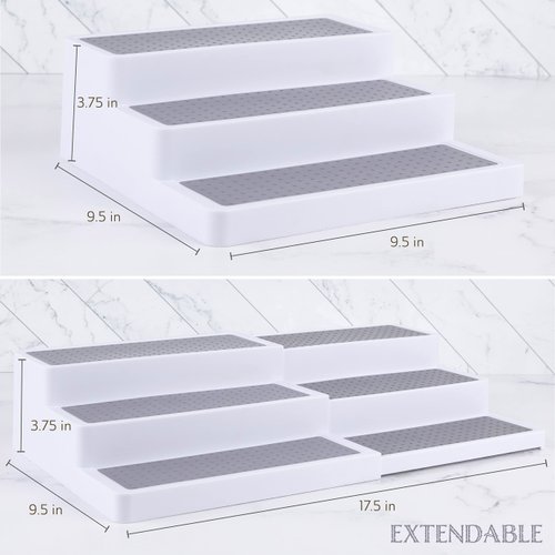Oizeir 3–Tier Expandable Plastic Spice Rack - Adjustable Length, Stability with Non-Skid Shelf, Three Tiers for Easy Visibility, Organizer for Kitchen Cabinet, Pantry or Countertop, White/Grey