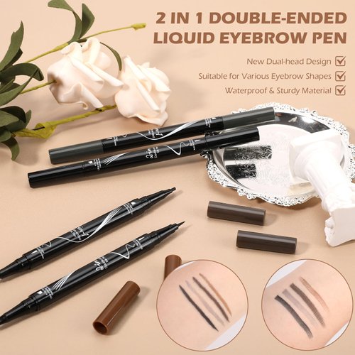 LOKFAR Microblading Eyebrow Pen, 2-In-1 Dual-Ended Waterproof Eyebrow Pencil with 4-Fork-Tip & Ultra-Precise Tip, and an Angled Eyebrow Brush, Eye Brow Pencils for Women -Black
