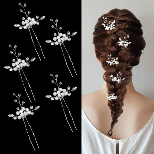JULIYOOYOO 5 Pieces Pearl Wedding Hair Pins, Crystal Bridal Hair Clips, Rhinestone Flower Wedding Hair Accessories, Party Hair Pins for Bride, Bridesmaids,Flower Girls (silver)