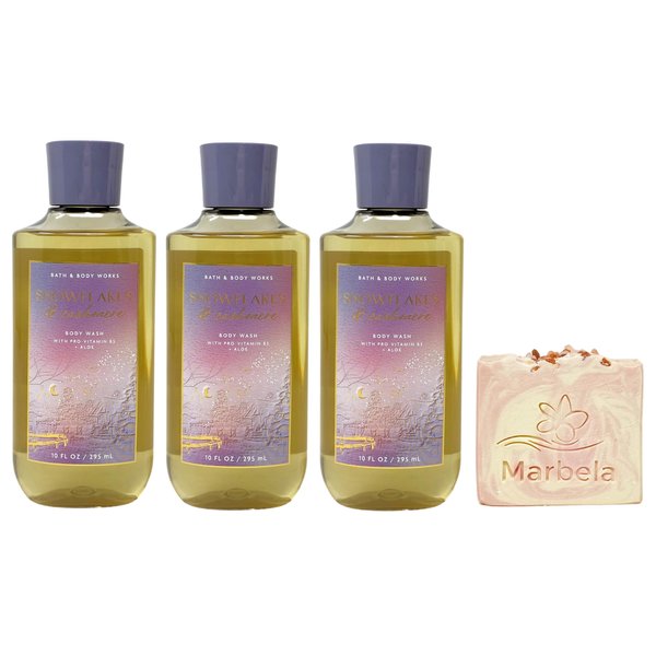 Bath & Body Works Snowflakes & Cashmere 3 Pack Body Wash Bundle with a Himalayan Salts Springs Bar Soap - Full Size