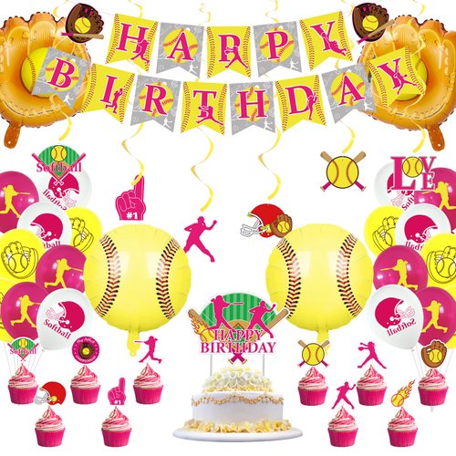 Softball Party Decorations, Softball Party Supplies Includes Softball Banners, Cake Toppers, Hanging Swirls, and Balloons for Girls Birthday