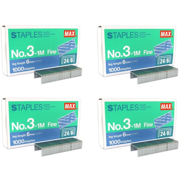 MAX No.3-1M Flat Clinch Staples (24/6) for Office Stapler - 4 Boxes (4,000-Staples)