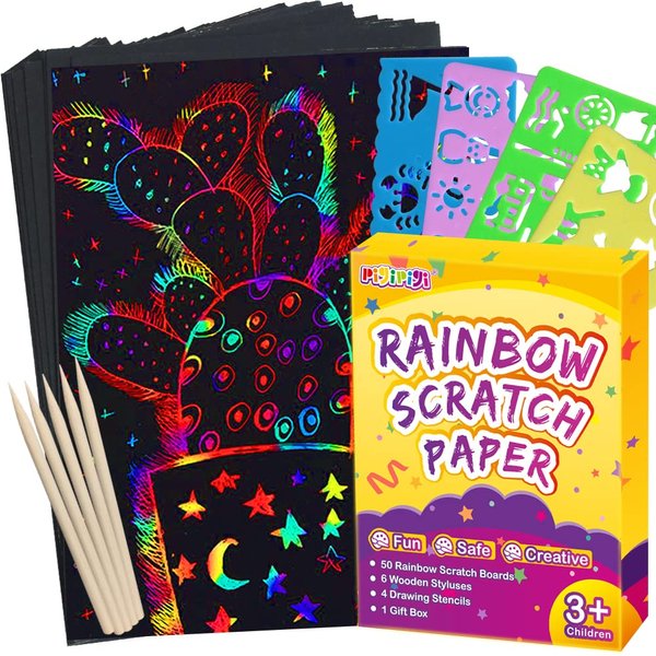pigipigi Scratch Paper Art for Kids - 60 Pcs Magic Rainbow Scratch Paper Off Set Scratch Crafts Arts Supplies Kits Pads Sheets Boards for Party Games Halloween Christmas Birthday Gift