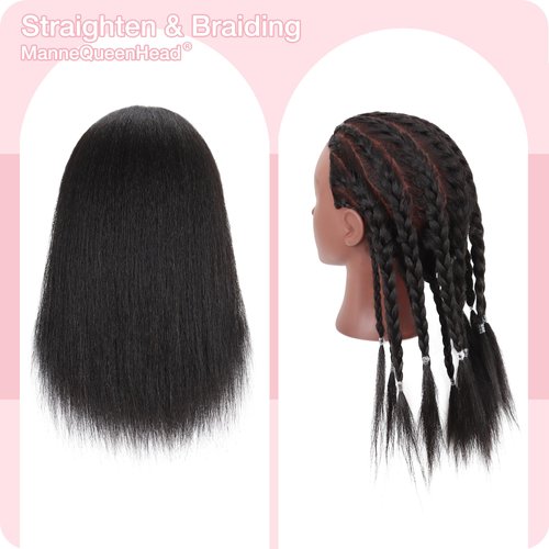 Mannequin Head with Human Hair 14'' Cosmetology Manikin Doll Head with 100% Real Human Hair for Braiding Hairdresser Practice Styling with Free Clamp Holder-Black
