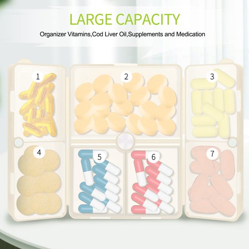 FYY Daily Pill Organizer,7 Compartments Portable Case [Folding Design] Travel Pill Box for Purse Pocket to Hold Vitamins,Cod Liver Oil,Supplements and Medication-White