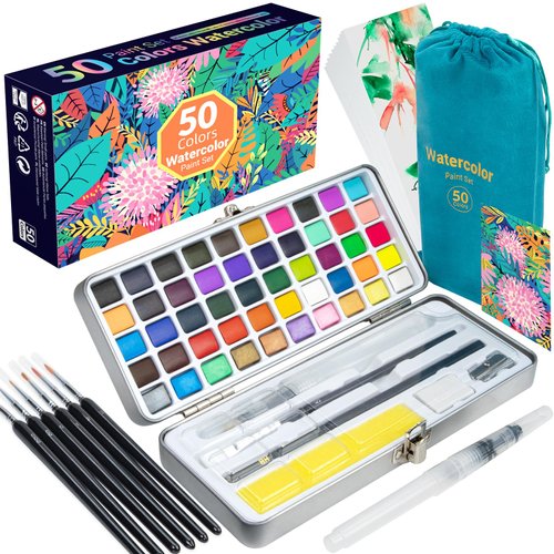 ANYUKE Watercolor Paint Set, 50 Colors Water Colors Paint Adult Set for Beginners and Professionals, Travel Watercolor Set with Carrying Bag, Watercolor Papers and Detail Paint Brushes