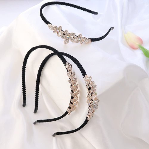 TCOTBE 3 Pcs Crystal Hair Band Fashion Hairbands for Girls Leaf Butterfly Flower Jewelry Rhinestone Hoop Elegant Hair Pieces Bling Wedding Bride Hair Accessory