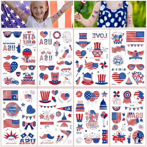 4th of July Temporary Tattoo Kids : 8 Sheets Tattoo Stickers Complete Independence Day Collection...
