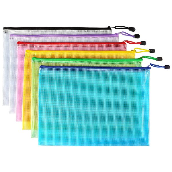 6 Pack Mesh Zipper Pouch Document Bag Waterproof Zip File Folders for School Office Supplies Travel Storage Bags (Colorful)