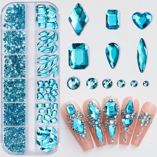 Blue Nail Art Rhinestone, 3D Crystal Nail Diamond Gem, Flatback Rhinestones Multi Shapes Sizes Nail Design for Women Girls Manicure Charms Decorations, DIY Jewelry Making Craft Supplies