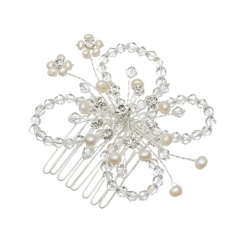 SAMKY Handmade Freshwater Pearl Crystal Butterfly Flower Wedding Tiara Comb - Silver Plated FC018