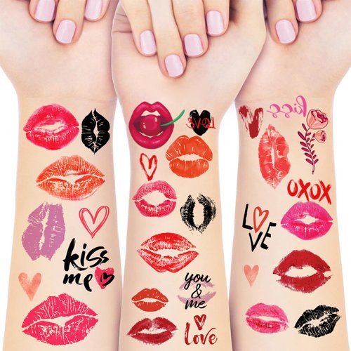 80 Pcs Valentine's Day Temporary Tattoo Stickers Red Black Lip Heart Kiss Love Flower Fake Tattoo Stickers Valentines Body Arm Face Tattoos Decals for Women Man Wedding Halloween Party Supplies