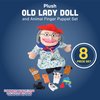 Constructive Playthings Plush "Old Lady" Doll and Animal Finger Puppet Props Set for "There Was An Old Lady Who Live Swallowed a Fly" Children's Book, For Kids Ages 3+