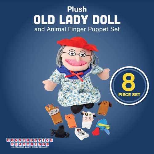 Constructive Playthings Plush "Old Lady" Doll and Animal Finger Puppet Props Set for "There Was An Old Lady Who Live Swallowed a Fly" Children's Book, For Kids Ages 3+