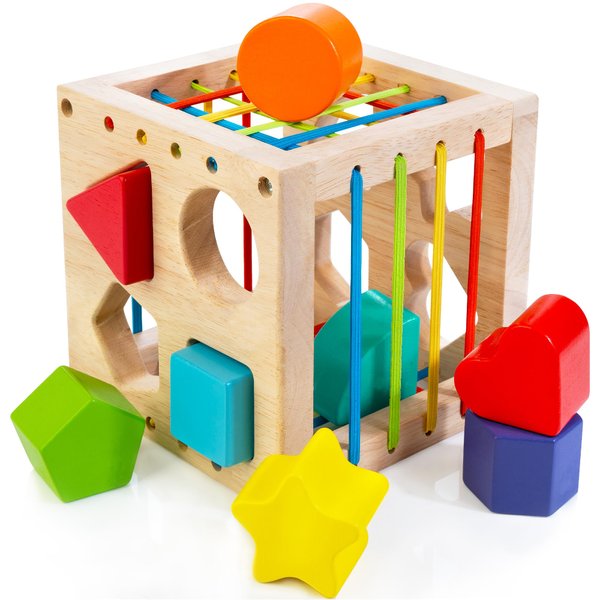 AMAWOOD Montessori Toy for Toddlers, Shape Sorter for Baby, Wooden Shape Sorting Cube with 8 Rattling Blocks Baby Toys, Educational Learning Toy, Best Gift for Your Baby Boy Girl