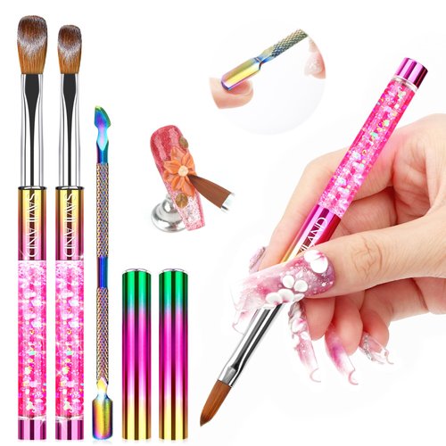 SAVILAND Kolinsky Acrylic Nail Brush Set: Professional Size 8 & 12 Nail Brushes for Acrylic Application, Acrylic Brush with Cuticle Pusher, Used for Beginners Nail Extension 3D Nail Carving Home Salon