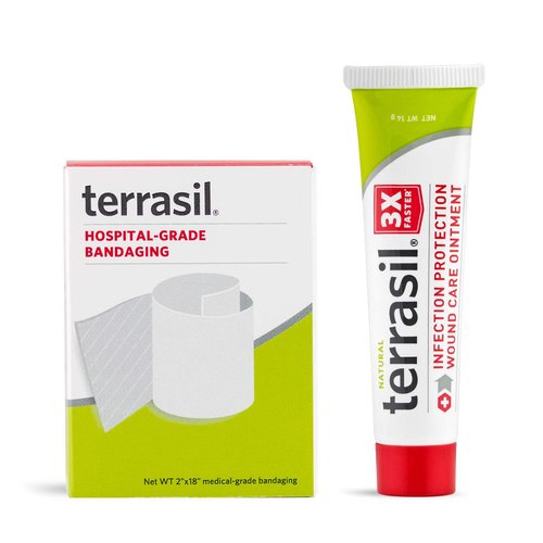 Terrasil Wound Care 3X + Medical Bandage Kit: Wound Healing Ointment, Infection Protection: bed sores, pressure sores, diabetic ulcers, blisters, burns. Dermatologist-Tested (14g, 2"x18" bandage)
