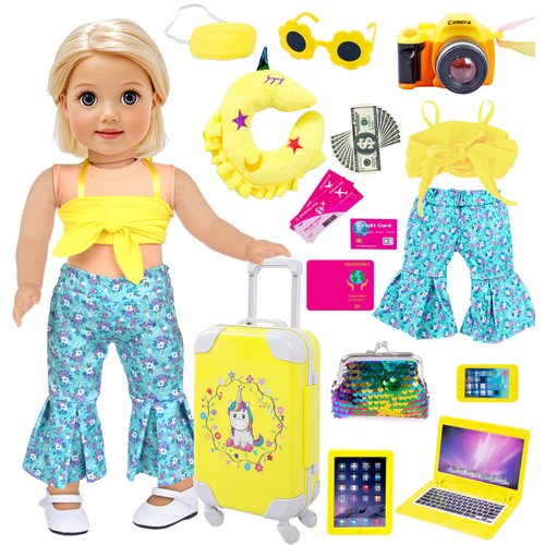 ebuddy Doll Clothes and Accessories 18 Inch Doll Travel Set with Unicorn Printed Luggage Suitcase Fit for 18 inch Girl Doll,Most 18 Inch Dolls(No Doll)