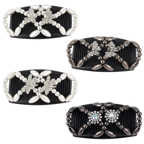 ZUYYON 4Pcs Magic Hair Combs, Stretch Beaded Hair Combs Stretchy Double Hair Side Combs Clips Bun Maker Headwear for Women Girls DIY Hair Styling Accessories(Butterfly Dragonfly)