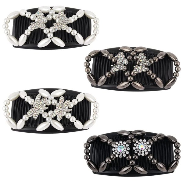 ZUYYON 4Pcs Magic Hair Combs, Stretch Beaded Hair Combs Stretchy Double Hair Side Combs Clips Bun Maker Headwear for Women Girls DIY Hair Styling Accessories(Butterfly Dragonfly)