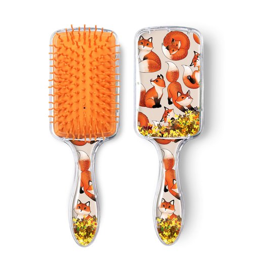 WIRESTER Rectangle Glitter Hair Brush For All Hair Types, Comb Hair Brush for Girls Women, Detangle Hairbrush Suitable for Wet and Dry Hair - Red Fox Funny Playful Postures