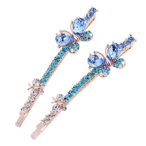 Ruihfas 1 Pair Fashion Women Girls Crystal Rhinestone Hairpins Double Butterfly Design Hair Pins Clips Barrettes Headdress (Blue)