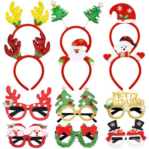 DINESIL 12 Pieces Christmas Headbands and Christmas Glasses Frames Set, Xmas Tree Snowman Head Boppers Glitter Eyeglasses Accessories for Christmas Party Supplies and Costume Decorations