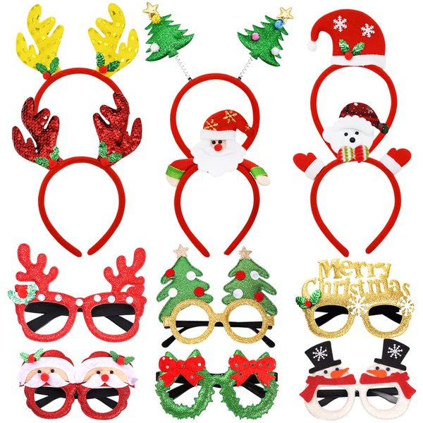 DINESIL 12 Pieces Christmas Headbands and Christmas Glasses Frames Set, Xmas Tree Snowman Head Boppers Glitter Eyeglasses Accessories for Christmas Party Supplies and Costume Decorations