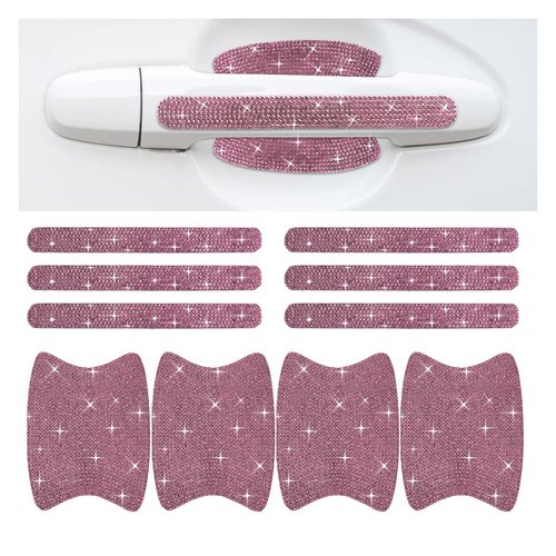 Bling Car Door Handle Protector, Bling Car Door Handle Sticker Anti-Scratch, Universal Car Door Handle Protective Cover, Shiny Rhinestone Car Decor Accessories for Women (Pink)
