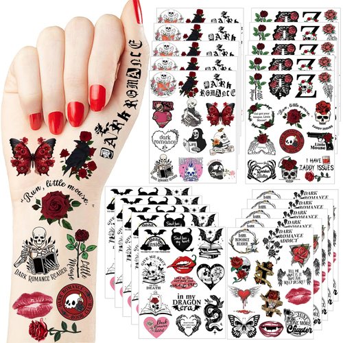 20Sheet Dark Romance Temporary Tattoos Stickers 240Pcs Bookish Readers Valentine Theme Tattoos for Girls Boys Birthday Halloween Party Favors Decoration Supplies School Prizes Game Rewards Gifts