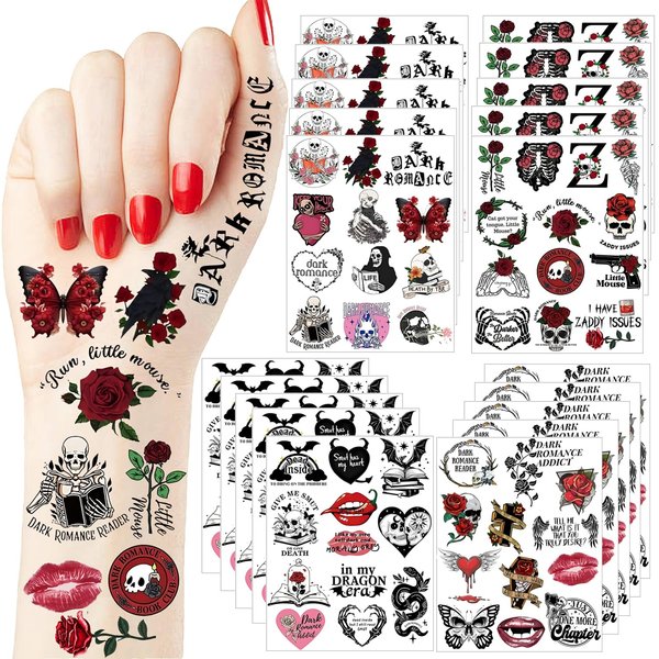 20Sheet Dark Romance Temporary Tattoos Stickers 240Pcs Bookish Readers Valentine Theme Tattoos for Girls Boys Birthday Halloween Party Favors Decoration Supplies School Prizes Game Rewards Gifts