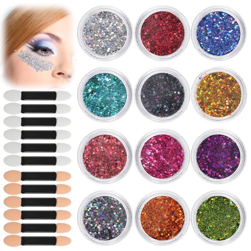 PEOVLVN 12 Colors Face Glitter Body Glitter Sparkling Face Glitter Gel Chunky Makeup Glitter with Brushes Hair Glitter for Women Face Body Halloween Makeup Festival Essentials