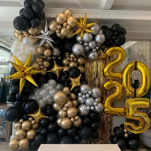 New Years Eve Party Supplies 2025, Black Gold Sliver Balloon Garland Arch kit, Gold Fringe Curtain Backdrop, 2025 Golden Balloons for Happy New Year Decorations