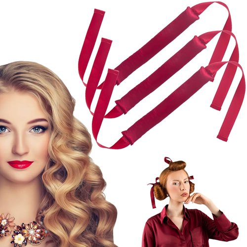 GeRRiT Heatless Hair Curlers 3 Pcs Heatless Hair Curls Headband for Overnight DIY Hair Rollers Styling Tool for All Hair Types Heatless Curling Rods for Sleep in Soft Satin No Heat Hair Rollers, Red