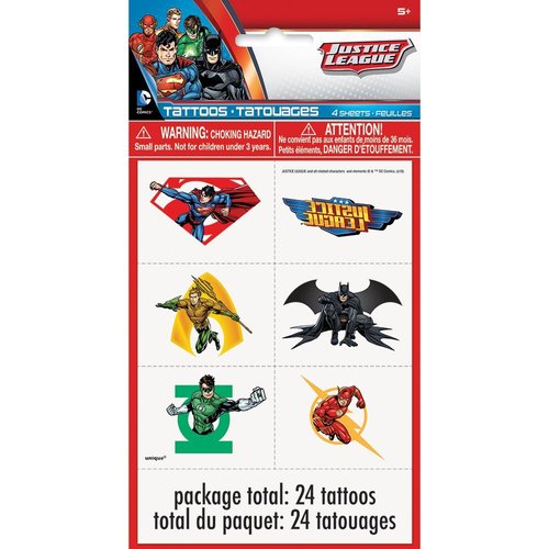 Justice League Party Temporary Tattoos - Assorted Designs, 24 Pcs