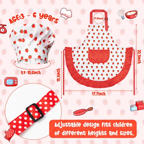 R HORSE Kid Apron and Chef Hat Set - 2Pcs Strawberry Adjustable Children Kitchen Apron, Dress up Role Play Chef Toy Cooking Baking Painting and Training Kits Kid Funny Cooking Birthday Gift for Girls