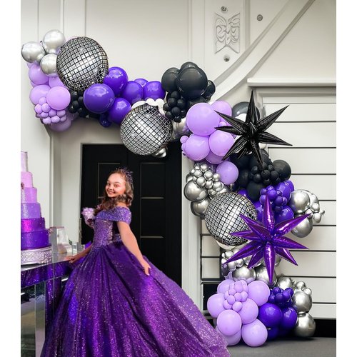 Halloween Purple and Black Silver Balloon Garland Arch Kit 132pcs withe Starburst disco ball Foil Balloons for girl 15/16th birthday New Year Wedding Prom Halloween Party Decoration